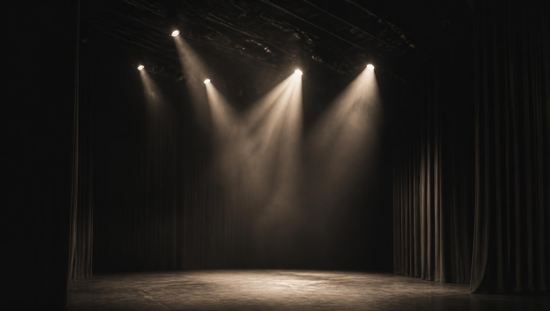 An empty stage lit by theatrical lighting before a performance
